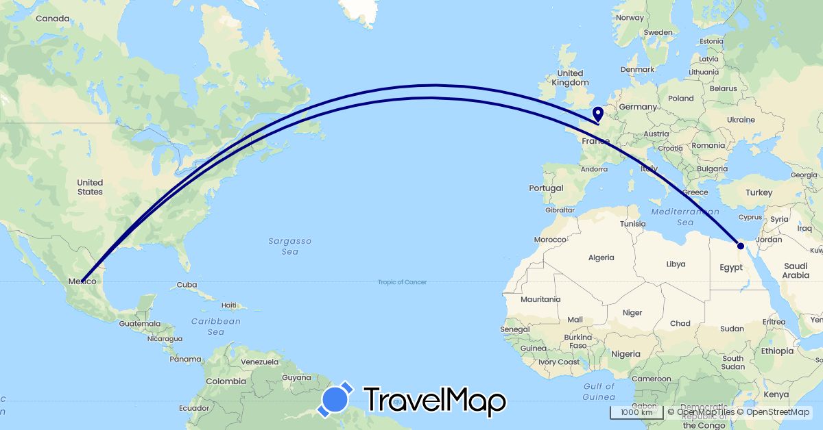 TravelMap itinerary: driving in Egypt, France, Italy, Mexico (Africa, Europe, North America)
